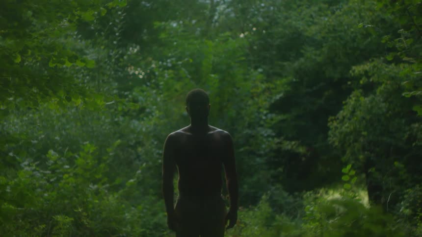 A shirtless man in the forest