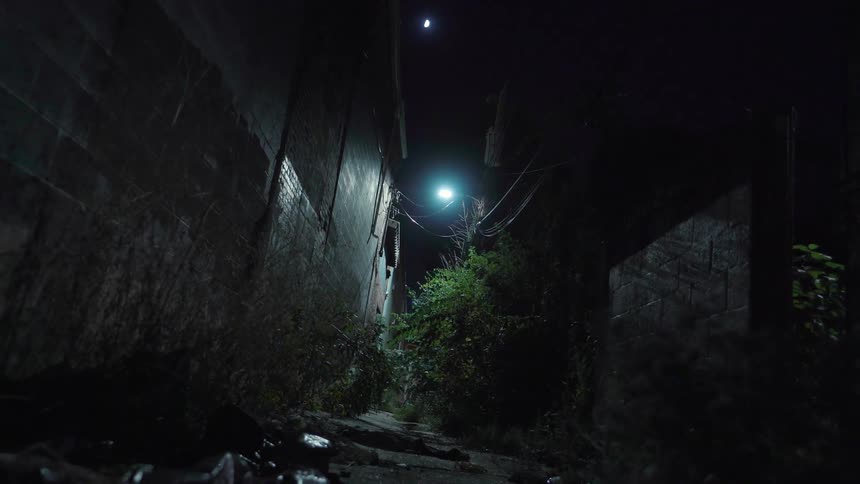 A street lamp shines in an alley at night