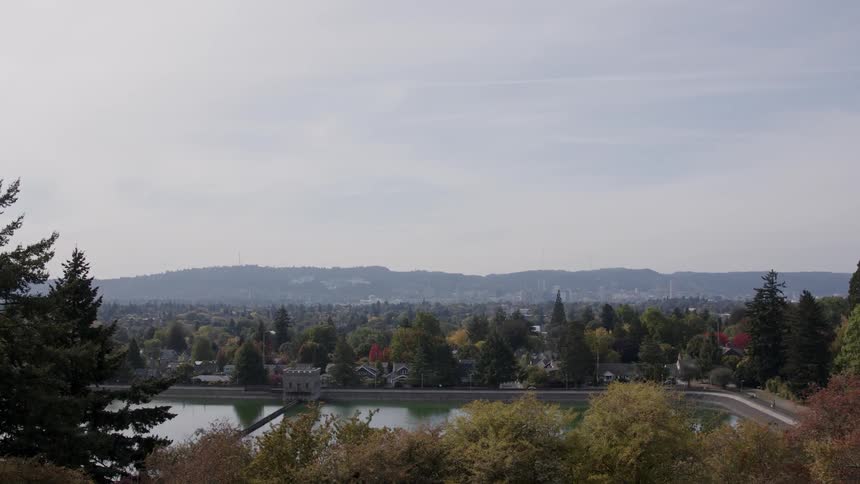 Looking out over a body of water and the town with lots of trees
