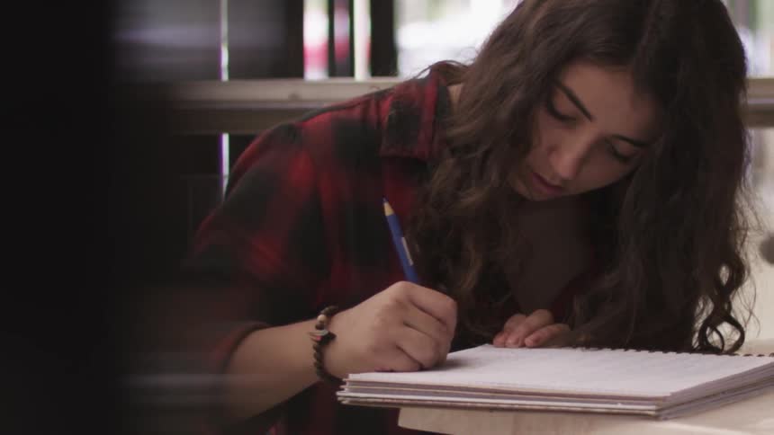 A girl writes in a notebook