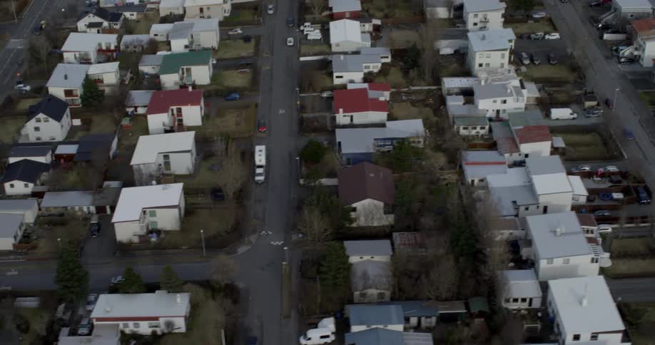 Houses and small buildings in a suburban area