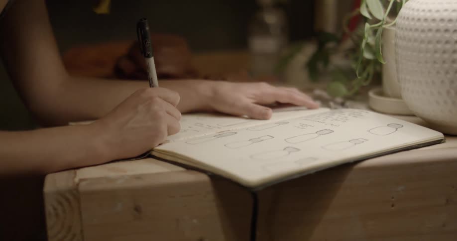 A woman writes in a notebook