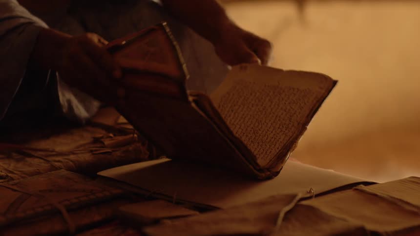 A woman is looking at leather bound journals