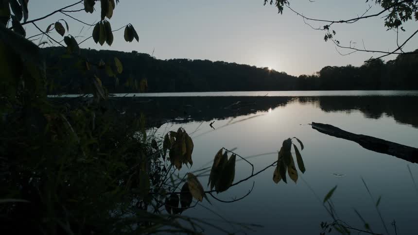 A still lake at sunrise