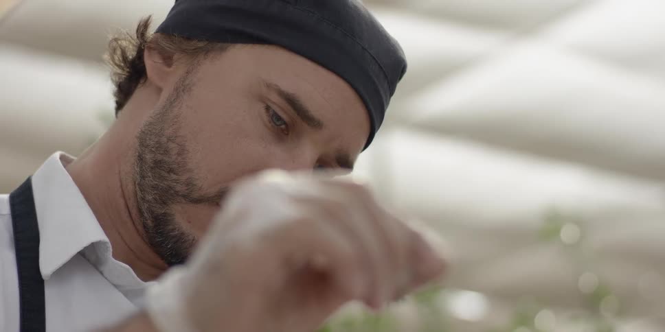 A chef sprinkles seasoning using his gloved hand