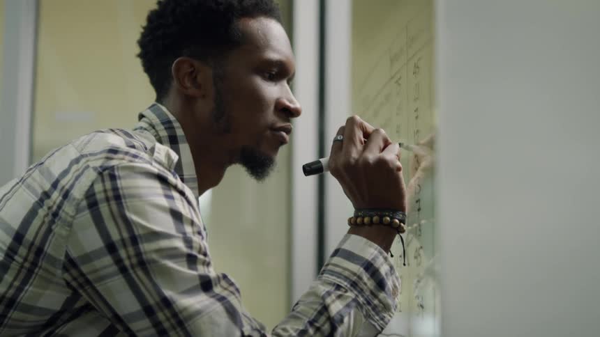 A man is using a marker to draw on a glass window