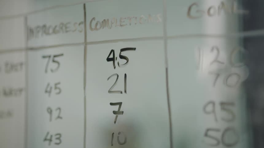 A man is using a marking pen to fill in numbers on a chart in an office during the day