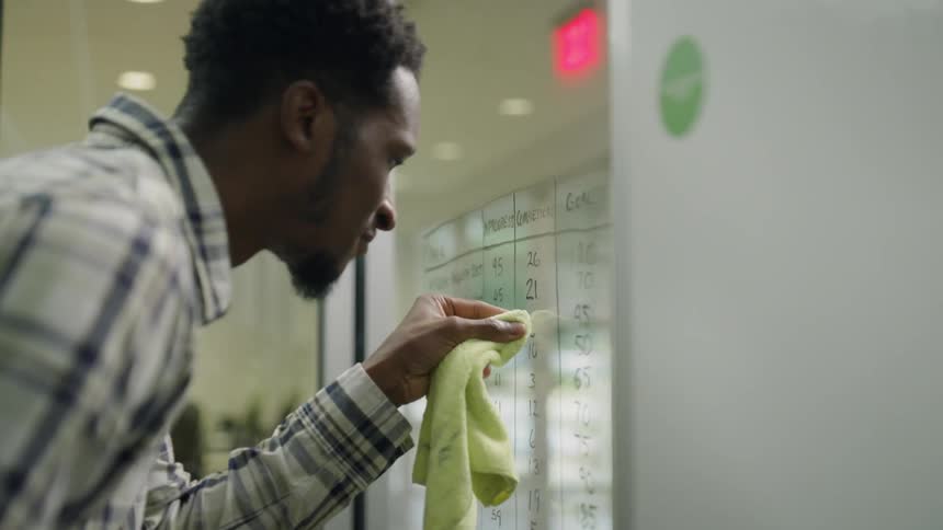 A woman hands a piece of paper to a man marking on the windows with a marker