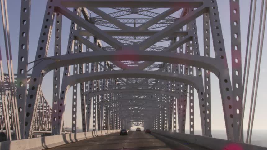 Driving through a metal bridge