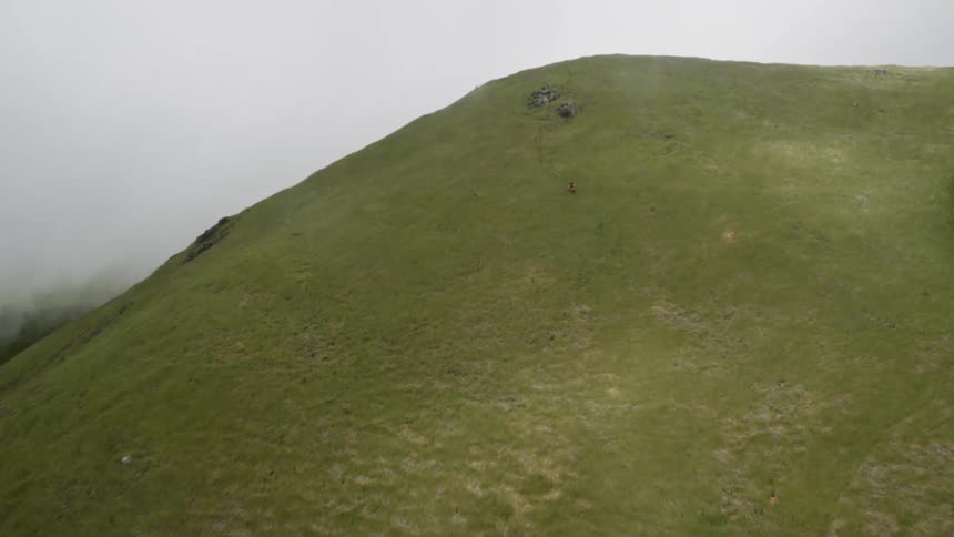 A person skis down a grass covered slope