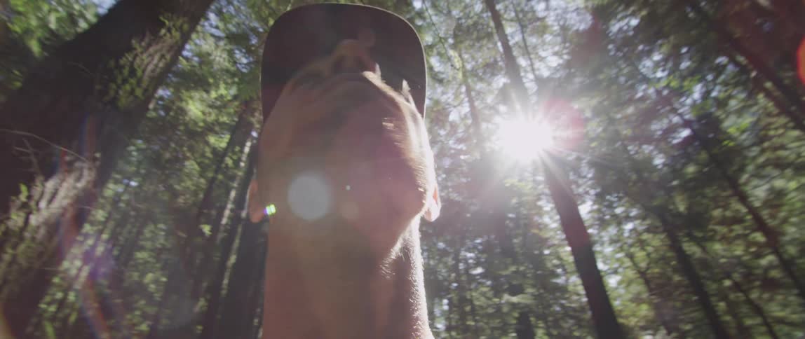 A person looking up at the trees