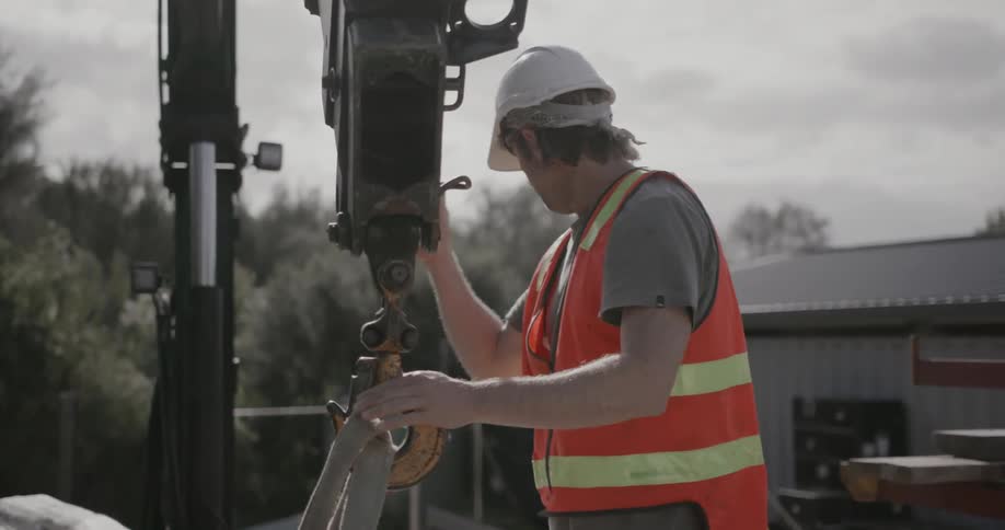 A man walks over to attach a crane to a tree