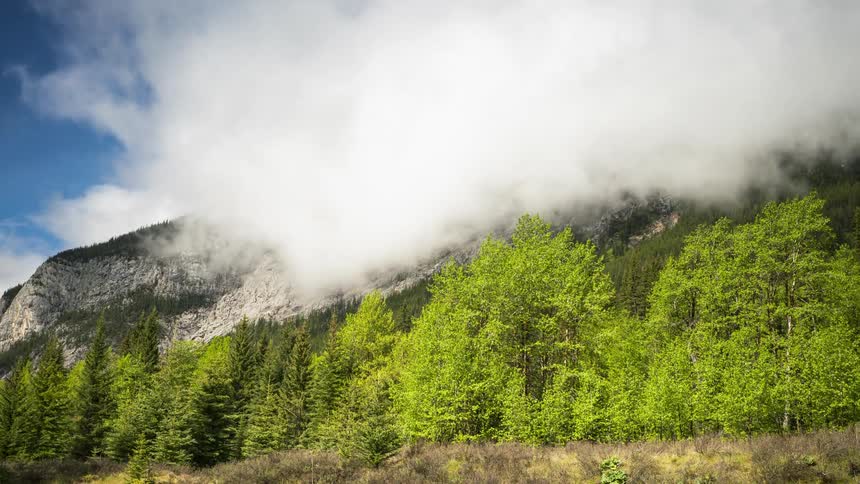 The dense clouds roll over the mountain at Lower Bankhead in Banff National Park