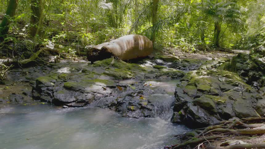 Water flows over rocks in a stream