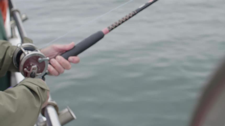 A man is wheeling in his fishing rod