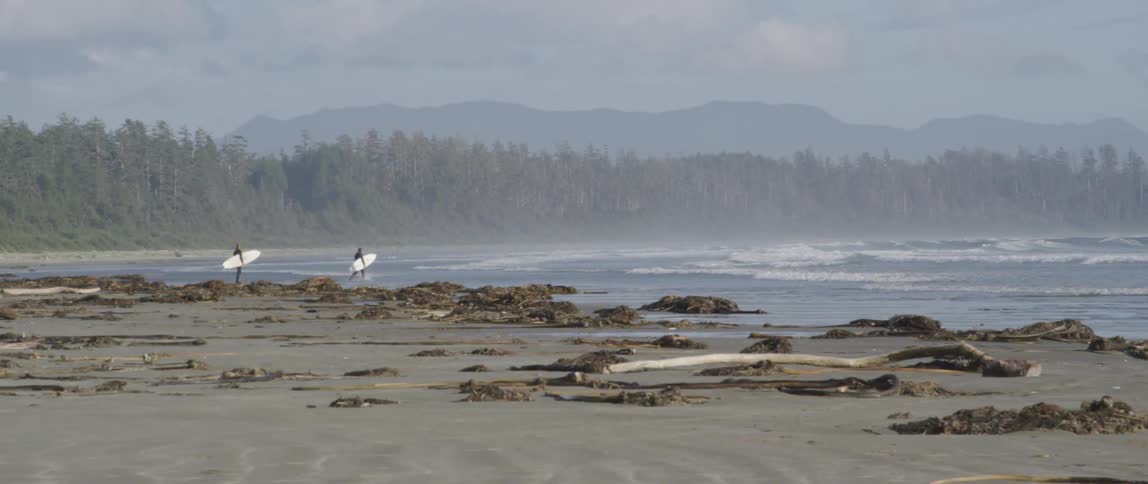 Two surf boarders walking into the water