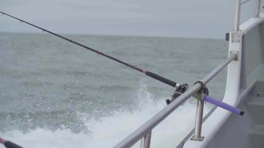 A fishing pole is sticking off the side of a boat