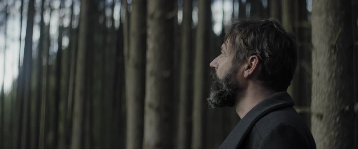 A man stands in the forest looking around