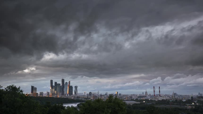 Heavy storm clouds move over the city of Moscow