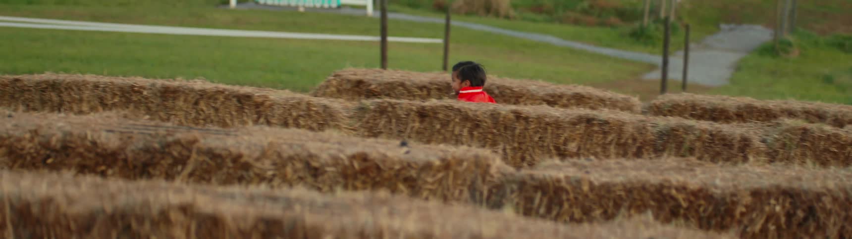 Child runs through a hay bale maze