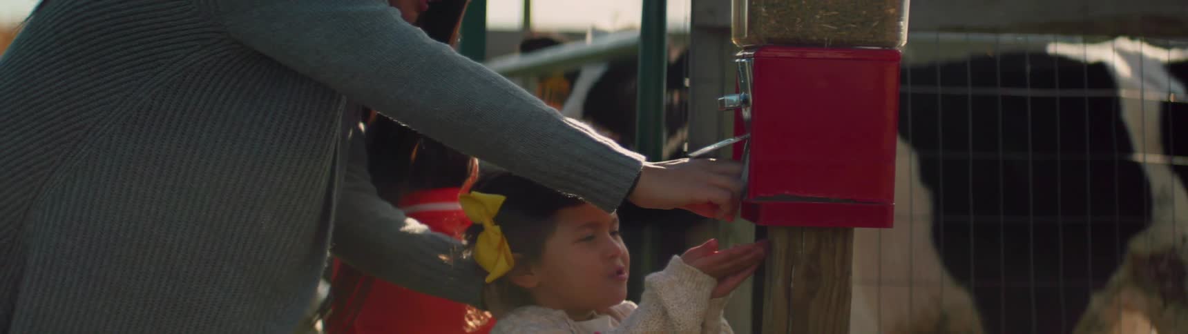 Some parents are giving their kids some animal feed from a vending machine at a petting zoo