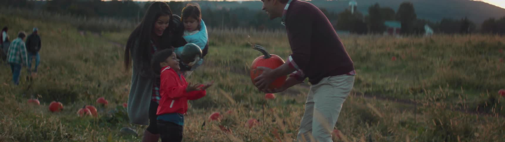 A family picks out pumpkins in a pumpkin patch