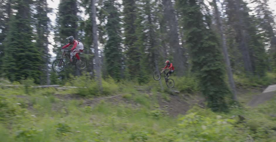 People riding bikes on a hilly dirt trail in the woods
