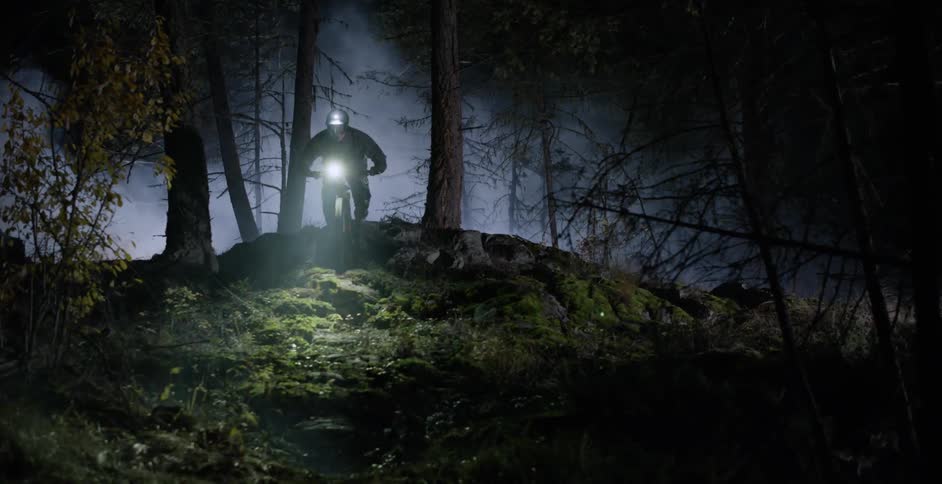 A bicyclist rides through a dark forest