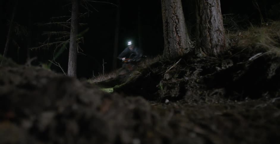 A bicyclist rides through a dark forest