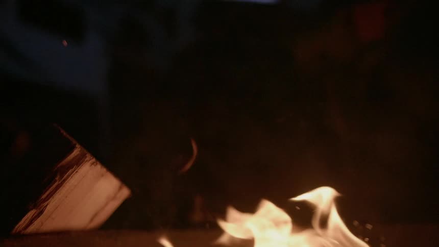A campfire burns at night