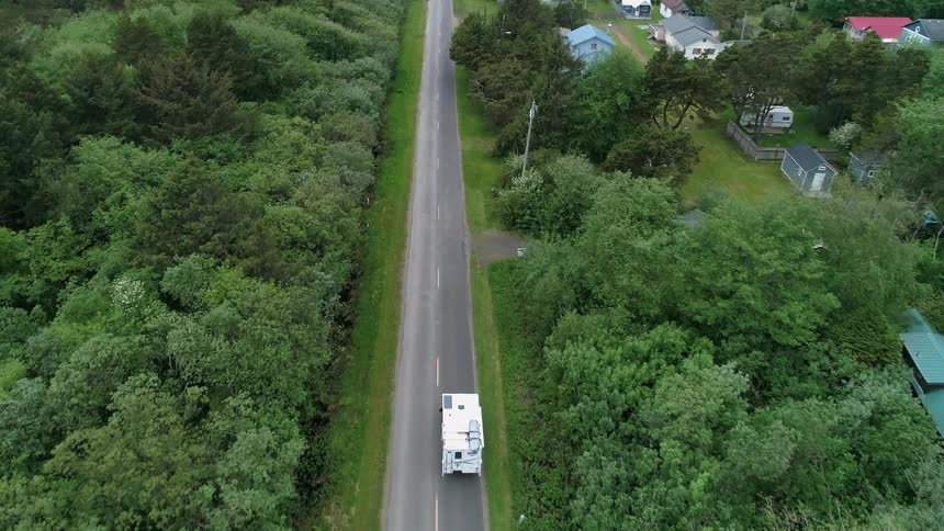Homes are on the side of the road between the trees