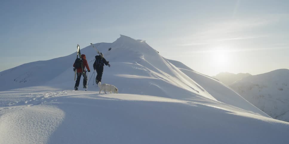 Two people hike up a snowy hill with their dog