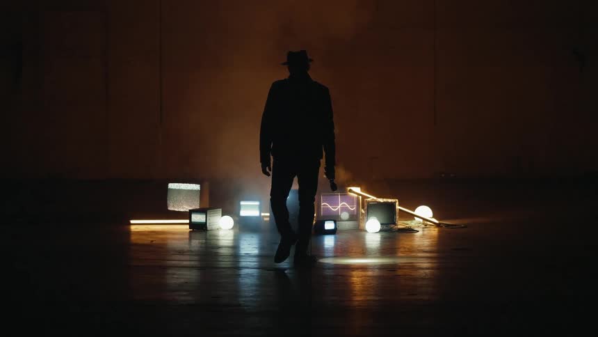 A man is walking towards televisions on the ground
