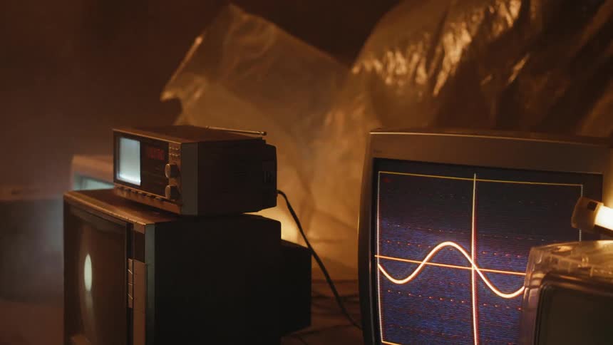 A plastic sheet is being blown off a collection of monitors in a room