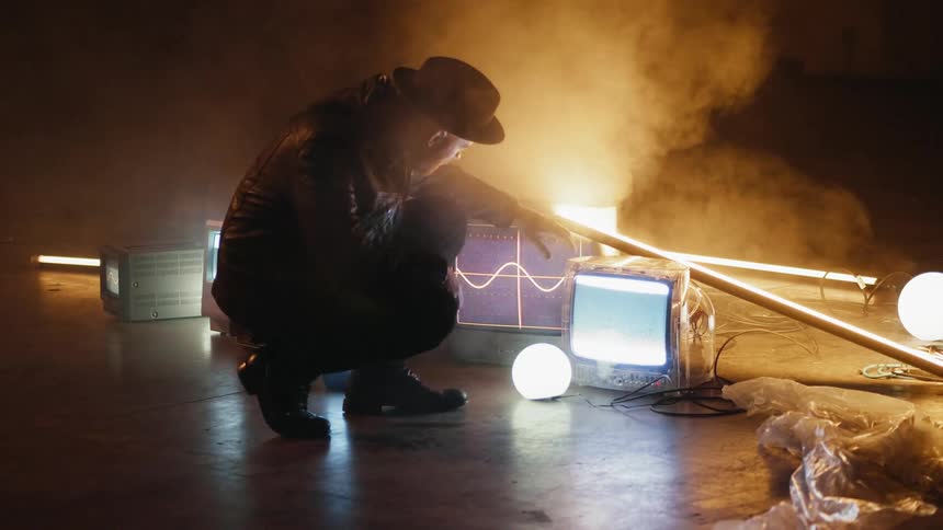 Man walking towards and then crouching down to examine one of several monitors sitting on the floor while smoke lingers from one of them
