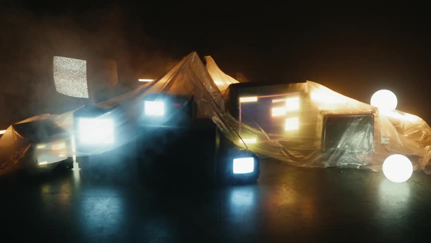 A plastic sheet covers tvs in a smoky room