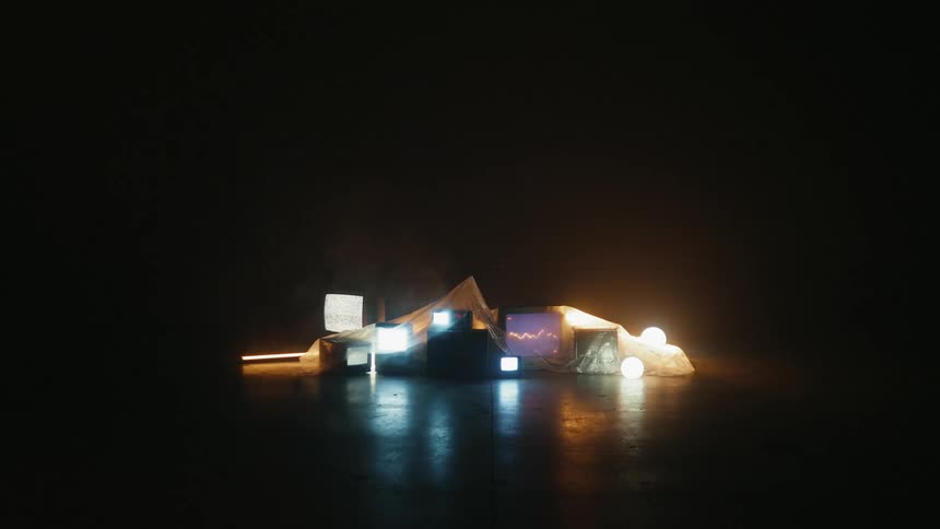 Televisions, monitors, and computers sit running beneath a plastic sheet in a dark room