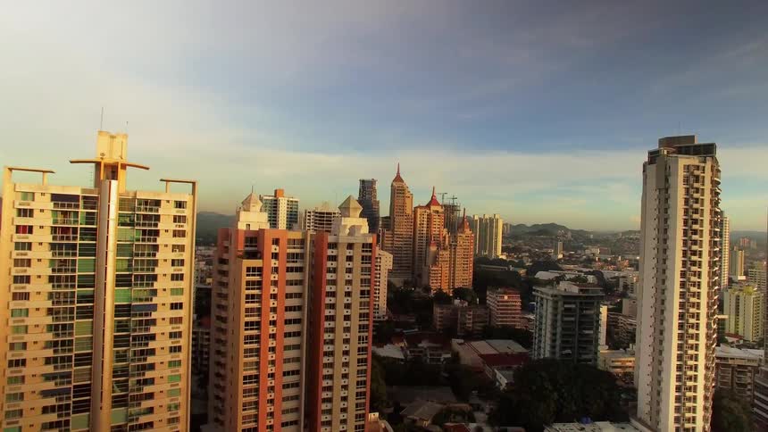 The tall buildings form the jagged skyline of Panama City