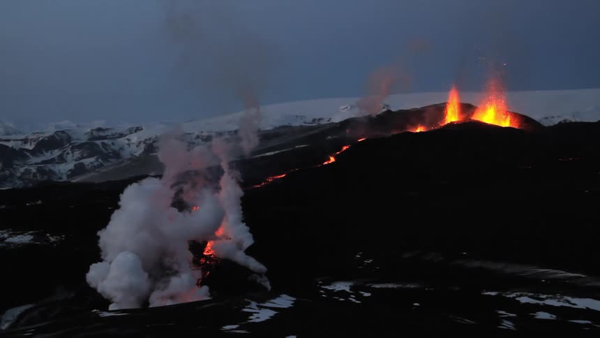 Lava erupts from a volcano