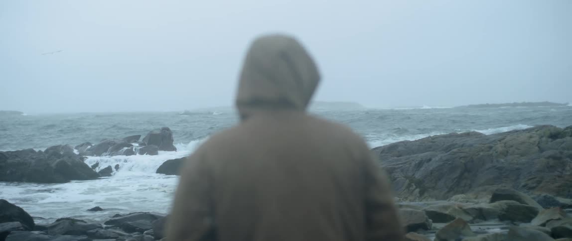 A man wearing a hoodie looks out onto the rocky waters
