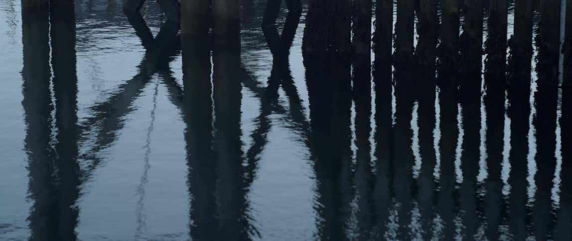 Calm water is reflecting a wooden dock