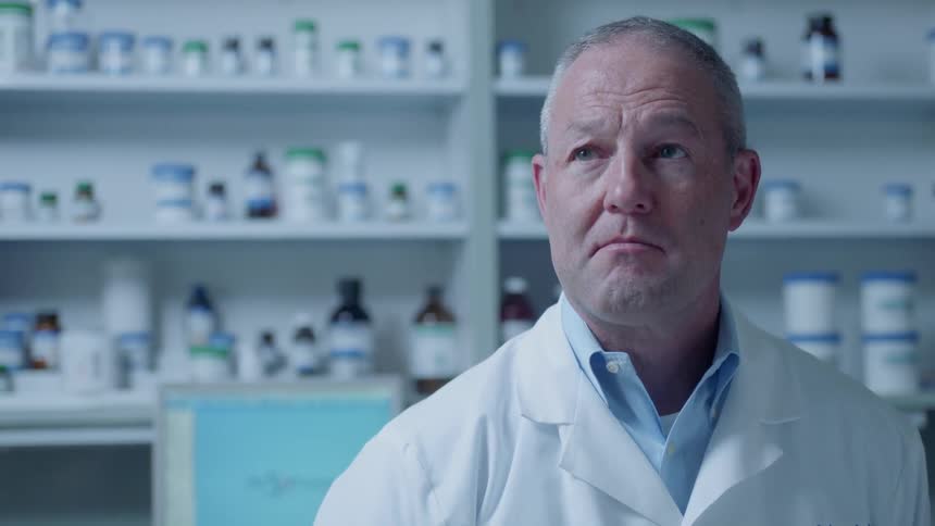 Pharmacist looks up