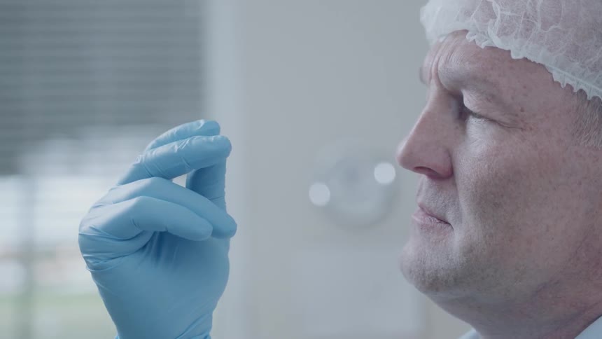 A man examines a pill in a lab