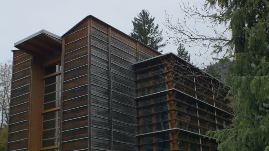 Trees surround a tall building