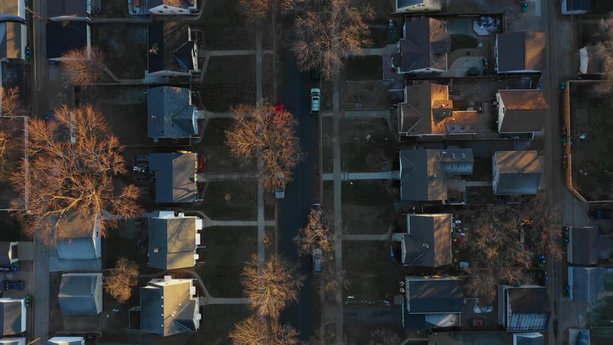 Houses lined up in rows by streets
