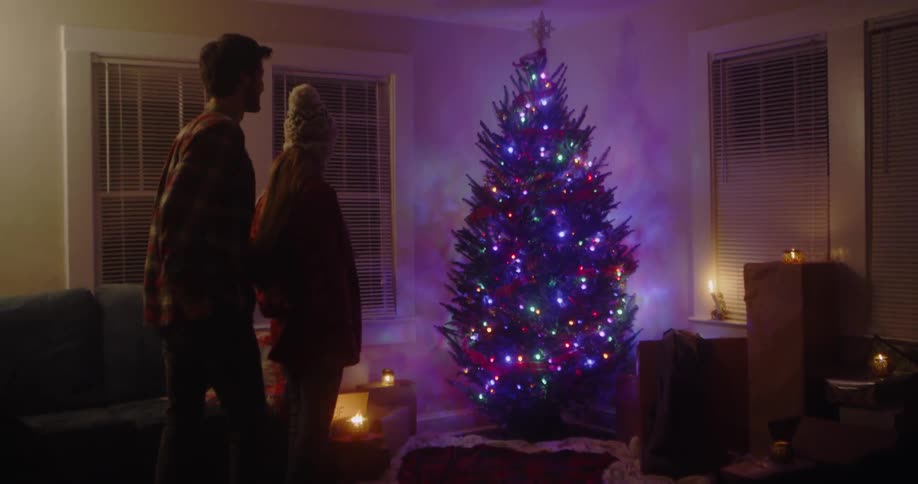 A man leads a woman into a room with a christmas tree then proposes