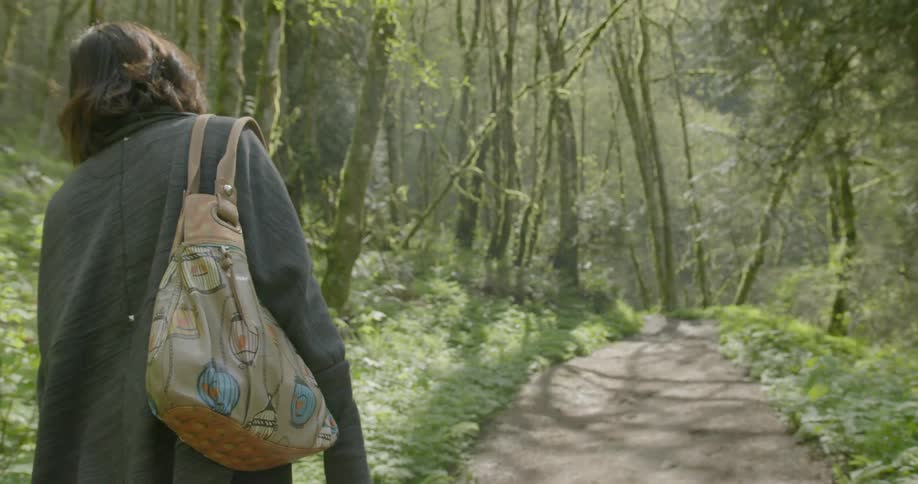 A woman carrying a bag hikes down a forest trail on a sunny day