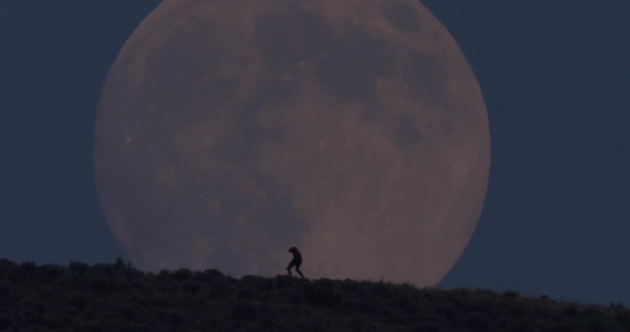 Man rides his skateboard across a hill and does a jump in front of a large moon