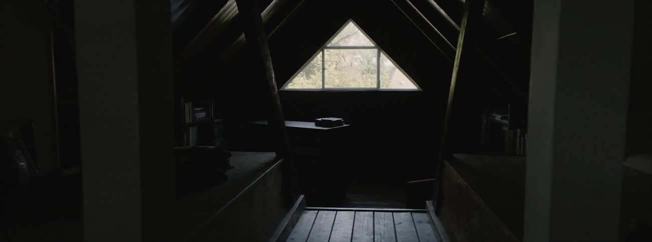 The room is dark with a triangle window