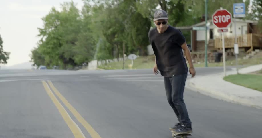 Man skateboarding very quickly down a hill